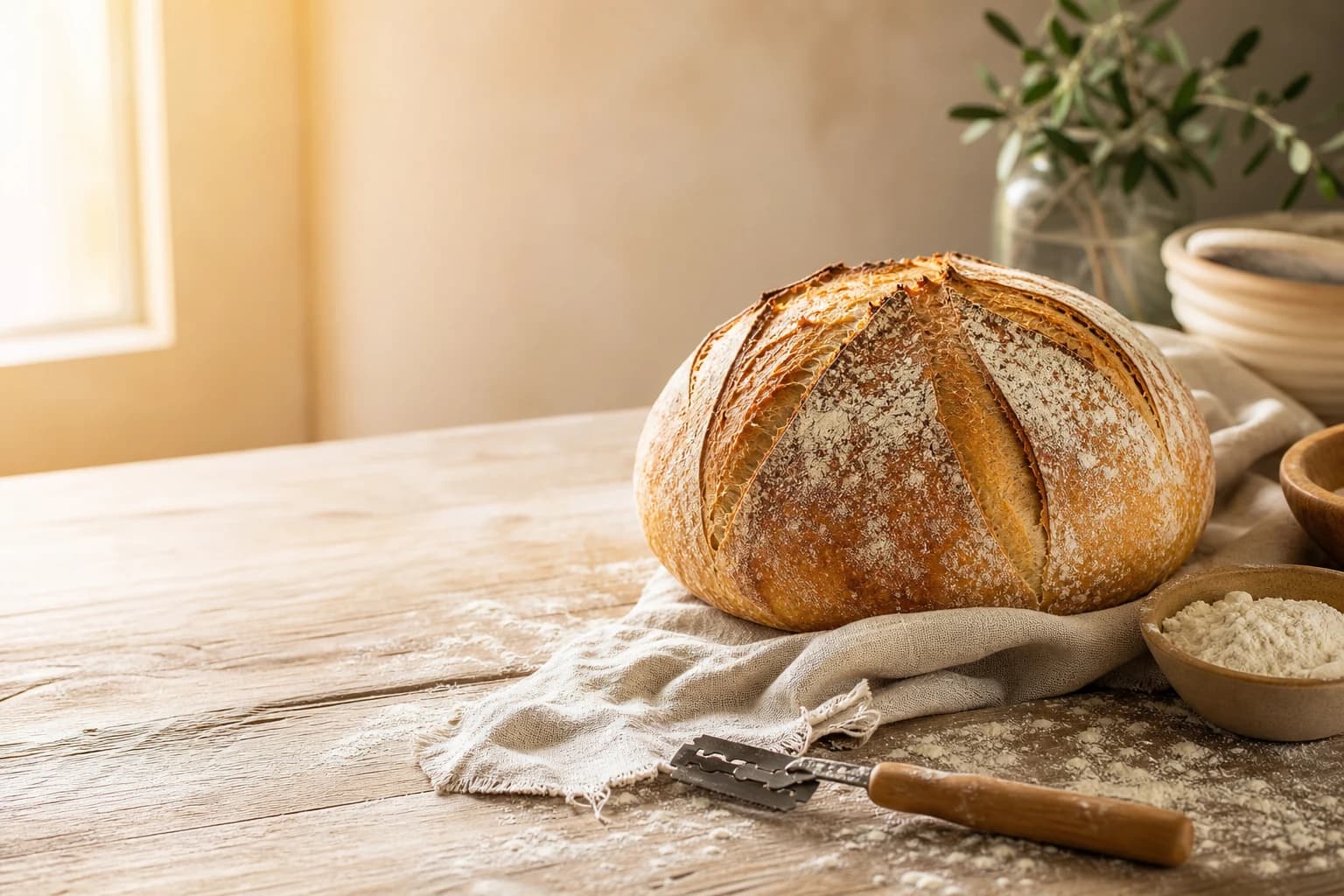 Artisan sourdough bread on a flour-dusted table beside a baking lame and bowl of flour